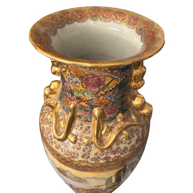 1990s Vintage Royal Satsuma-Style Hand-Painted Porcelain Floor Vase With Gilt Dragon Handles For Sale - Image 5 of 12