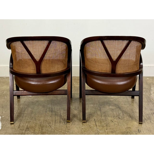 Edward Wormley for Dunbar Y Back Captains Chairs - Mid Century Rosewood + Leather + Cane For Sale - Image 11 of 12