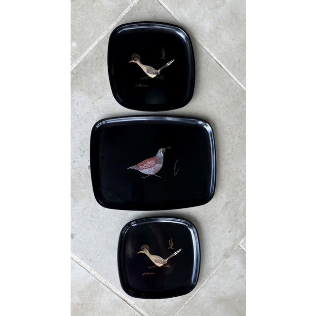 Circa 1970 Couroc Quail & Roadrunner Three-Piece Tray Ensemble For Sale - Image 11 of 12