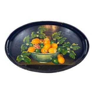 Vintage Hand-Painted Black Lacquer Oval Tole Serving Tray With Citrus Fruit For Sale