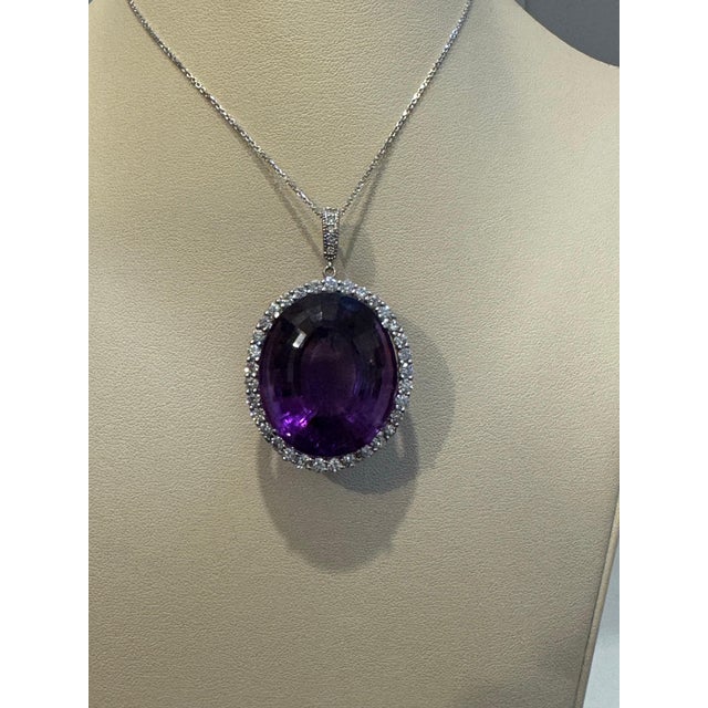 80 Carat Amethyst & 3.5 ct Diamond Pendant Necklace 14 Karat White Gold + Chain For Sale - Image 13 of 18