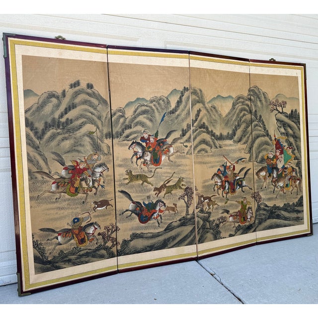 Korean Joseon Period Four-Panel Folding Screen With Tiger Hunt and Calligraphy, For Sale - Image 17 of 18