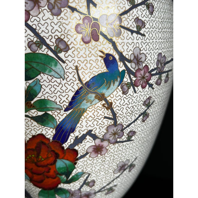 Large Vintage Chinese Cloisonné Vase - White With Flowers and Blue Birds For Sale - Image 4 of 12