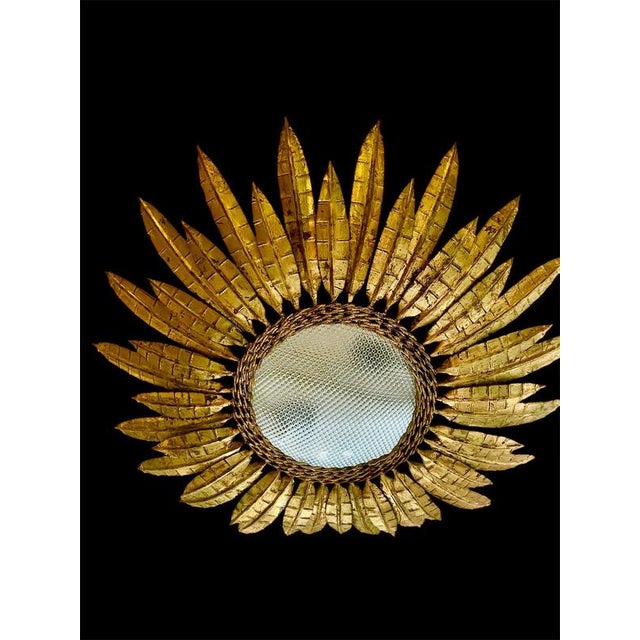 Large Spanish Crown Sunburst Fixture in Gilt Metal and Curved Glass, 1950 For Sale - Image 3 of 5