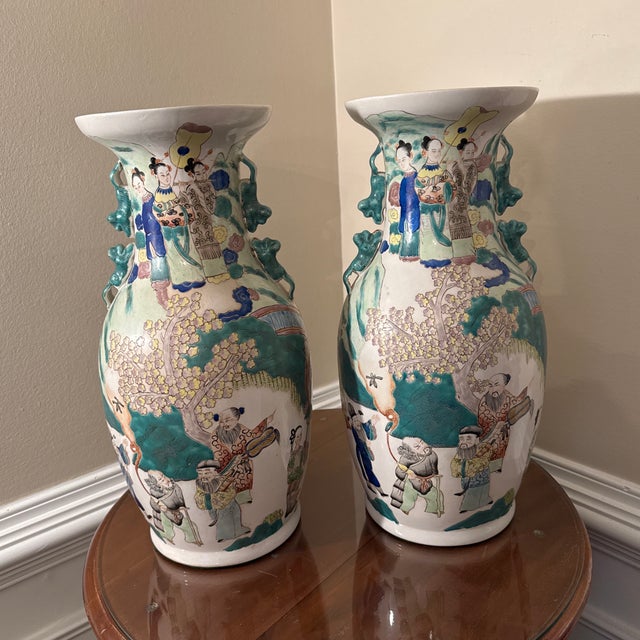 Ceramic Mid 20th Century Large Hand Painted Asian Vases- a Pair For Sale - Image 7 of 12