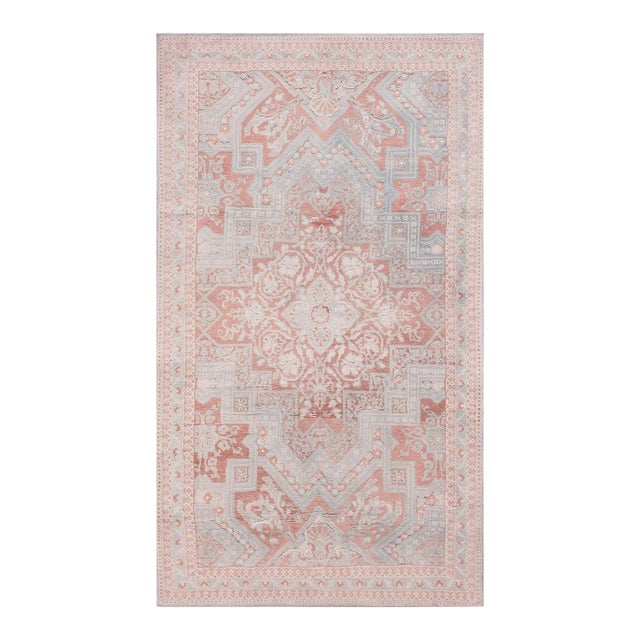 1920s Gray Salmon Geometric Tribal Antique Indian Agra Cotton Rug 4'0"x 7'2" Handknotted Wool Carpet For Sale