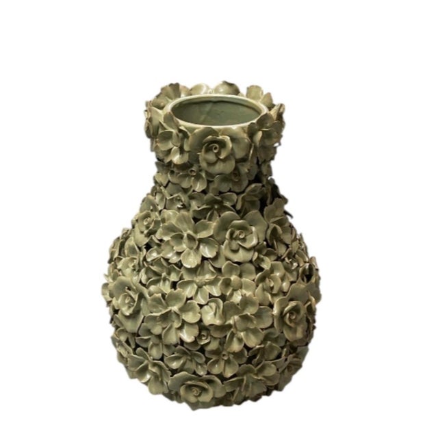 Italian Vintage Italian Floral Encrusted Ceramic Vase – Glossy Sage Green Hand-Sculpted Rose Urn For Sale - Image 3 of 12