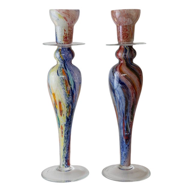 Vintage Italian Murano Glass Candleholders, 1980s, Set of 2 For Sale