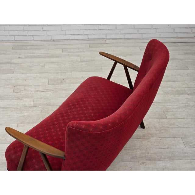 Danish 2-Seater Sofa in Red Fabric with Beech Legs and Armrests, 1960s For Sale - Image 13 of 17