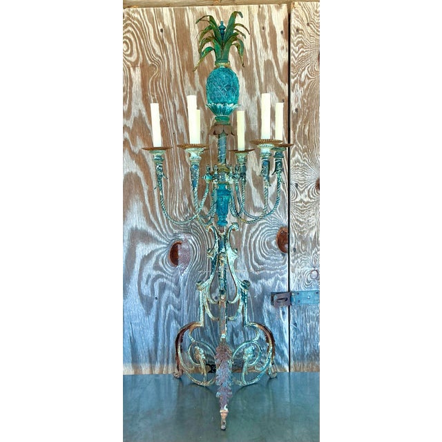 Brighten your space with the charming Vintage Coastal Wrought Iron Pineapple Lamp. Featuring a delightful pineapple design...