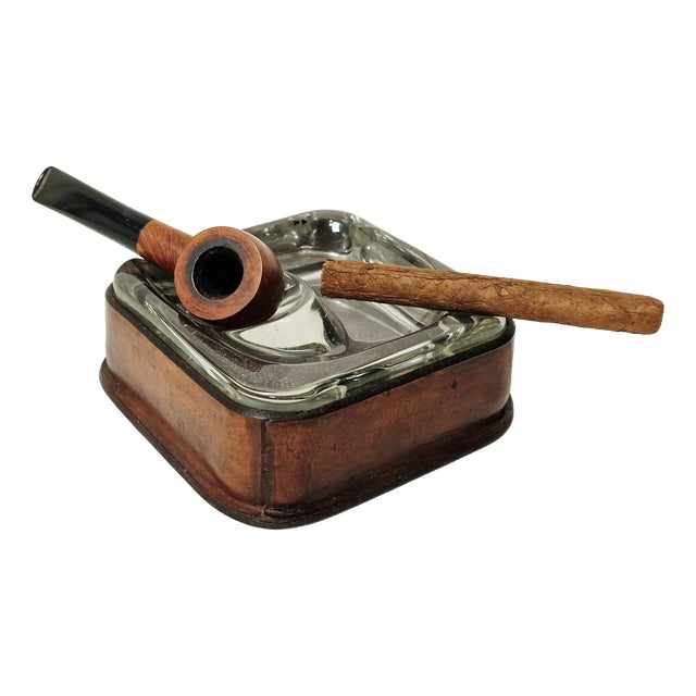 Mid-Century Leather and Glass Ashtray for Cigars and Pipes, Italy, 1970s For Sale