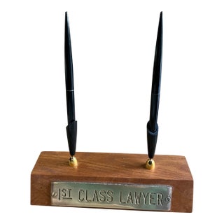 1970s 1st Class Lawyer Wooden Brass Pen Holder For Sale