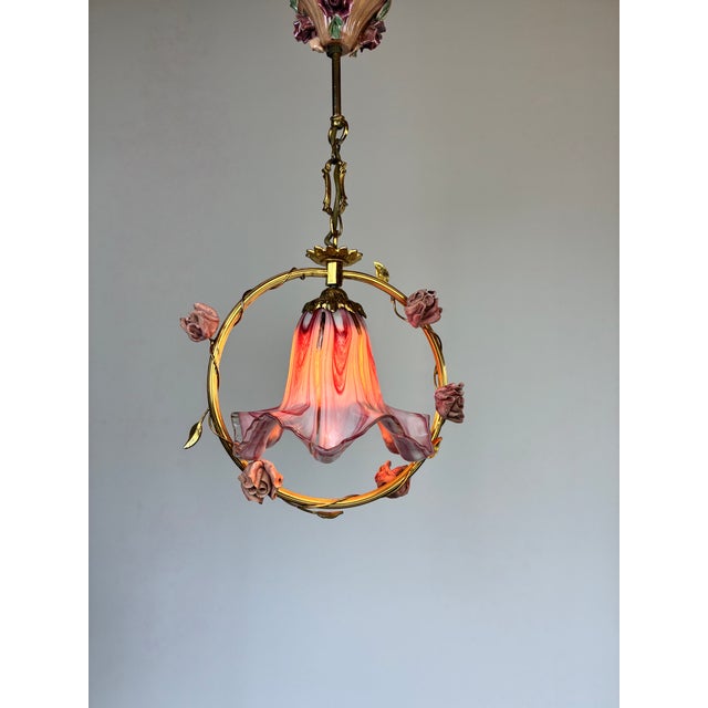 ⁠1970s Vintage Italian Pink Murano Ruffled Glass and Ceramic Rose Chandelier⁠ For Sale - Image 15 of 17