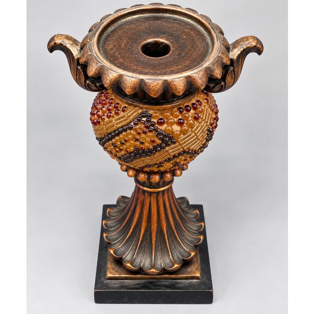 Vintage Jeweled Mosaic Pedestal Bowl and 3 Candleholders Gold Amber For Sale - Image 11 of 13