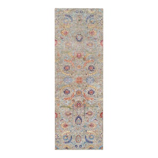 Tan Sickle Leaf Design Silk With Textured Wool Hand Knotted Oriental Runner Rug For Sale