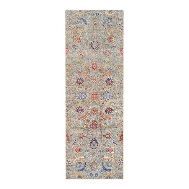 Tan Sickle Leaf Design Silk With Textured Wool Hand Knotted Oriental Runner Rug For Sale