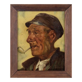 Portrait of a Man Smoking a Pipe in Oil on Masonite by Heinz Robert Schubert For Sale