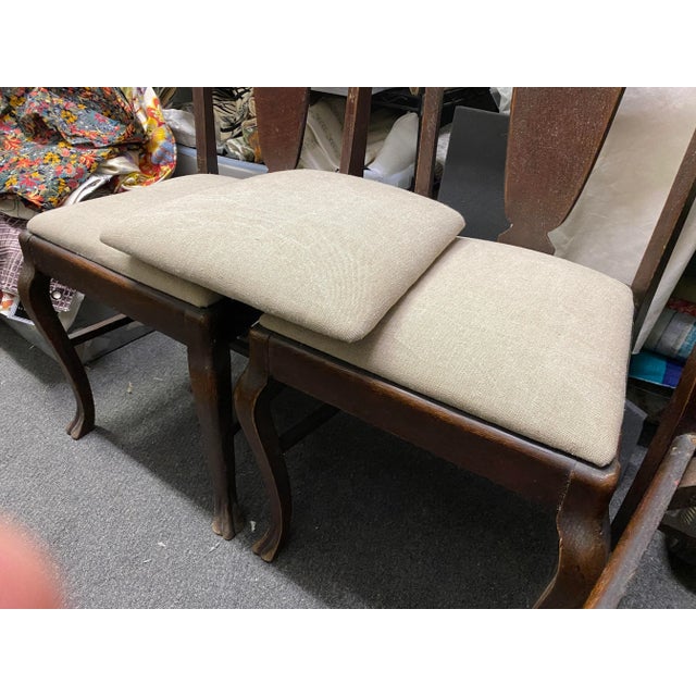 Arts & Crafts Queen Anne Style Oak and Lee Jofa Linen Dining Chairs, Set of 3 For Sale - Image 10 of 13