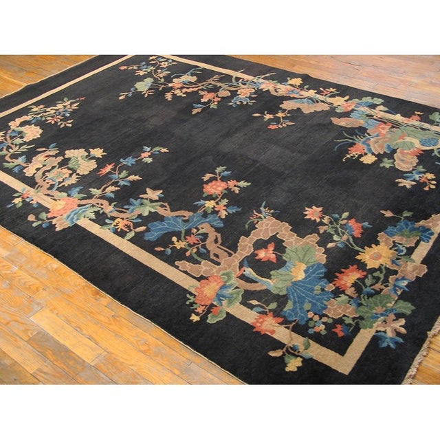Art Deco 1920s Black Solid Crane Floral Antique Chinese Art Deco Rug 5'7x8'4 Wool Carpet For Sale - Image 3 of 7