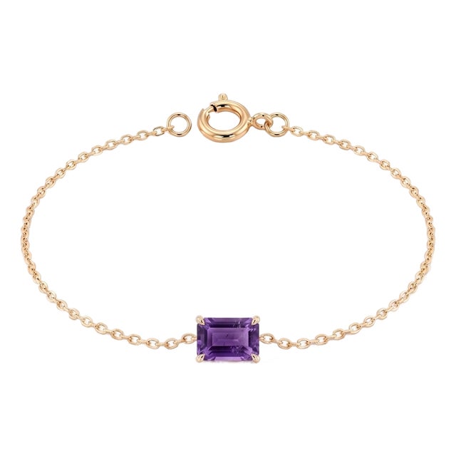 Natural Amethyst East West Solitaire Bracelet | Purple Gemstone Bracelet | 18k Gold Plated Silver Chain Bracelet For Sale