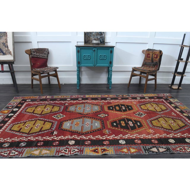 1970s Vintage Handmade Wool Cotton Red Kilim Runner Rug For Sale - Image 10 of 11