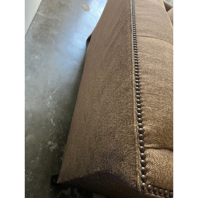Hickory Chair Custom Upholstered Loveseat, Chestnut Herringbone With Nailhead Detail For Sale - Image 9 of 9