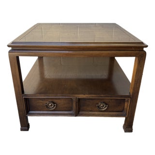 1960s Hekman Walnut End Table With Parquet Patterned Top and Two Lower Drawers and Brass Hardware For Sale