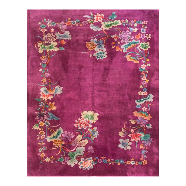 1920s Purple Mauve Floral Modern Antique Chinese Art Deco Rug 8' 6" X 11' 4" Handknotted Wool Carpet For Sale