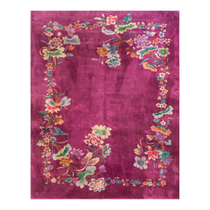 1920s Purple Mauve Floral Modern Antique Chinese Art Deco Rug 8' 6" X 11' 4" Handknotted Wool Carpet
