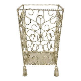 Vintage Italian Hollywood Regency Silver Iron Tassel Wastebasket Trashcan For Sale