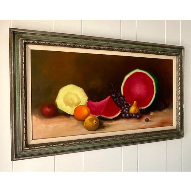 A fabulous vintage Boho original oil painting on canvas. A chic tabletop still life in bright clear colors. Signed by the...