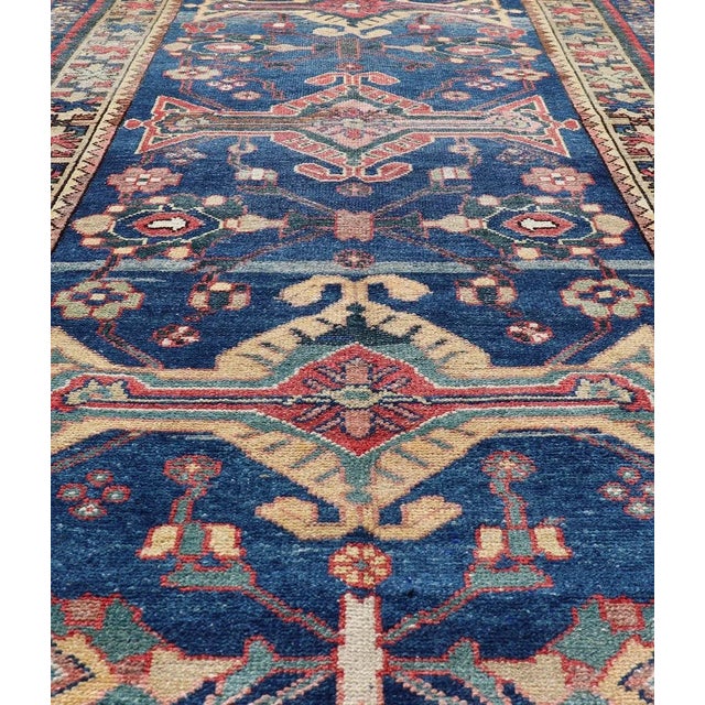 Tribal Antique Persian Hamadan Rug With Colorful Geometric Medallion on a Blue Field For Sale - Image 3 of 11