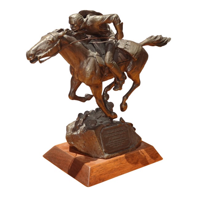Lh21 Vintage Wells Fargo Bronze Statue "Lightning Line Rider Cowboy Gallop Horse For Sale