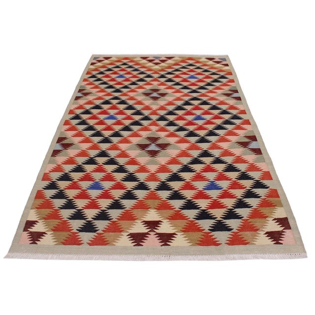 2000 - 2009 Geometric Kilim Hand-Woven Wool Rug -4'7" X 6'5" For Sale - Image 5 of 8
