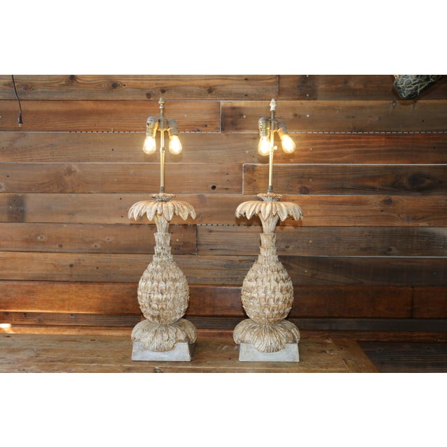 Vintage Italian Carved Wood Pineapple Table Lamps — Pair For Sale - Image 14 of 18