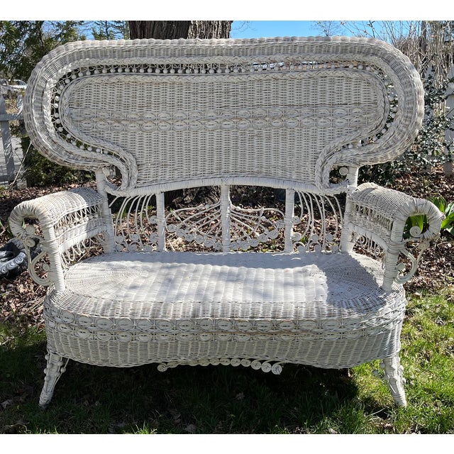 Victorian 1899 Attributed to Heywood & Wakefield Wicker Loveseat, 2 Chairs and Cocktail Table Seating Group- 4 Pieces For Sale - Image 3 of 18