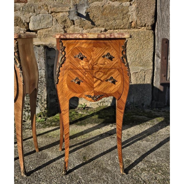 Vintage Marquetry Nightstands in Marble and Wood, Set of 2 For Sale - Image 6 of 16