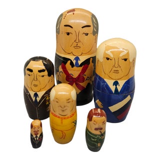Vintage Russian Nesting Dolls Lenin Gorbachev Ussr Leaders 6 Piece Painted Wood For Sale