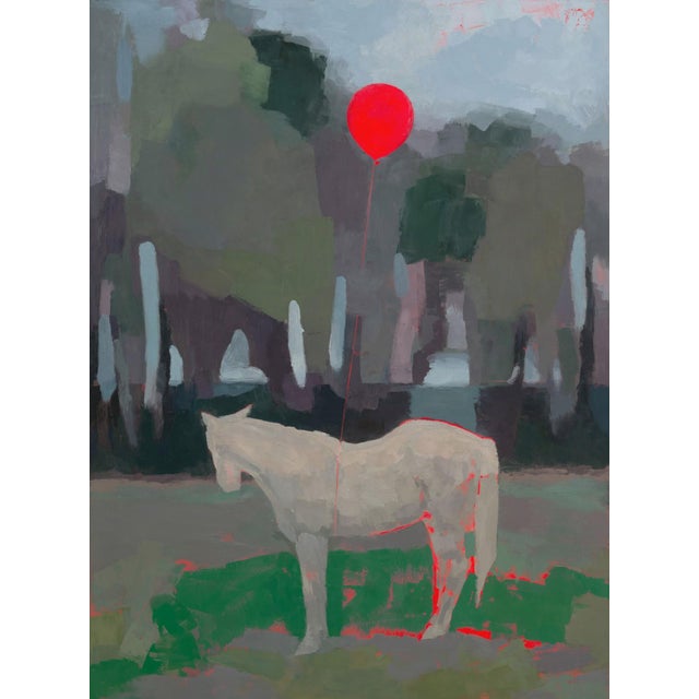Leaving by Shelli Langdale | Oil and acrylic on gallery panel of a horse with a red balloon For Sale