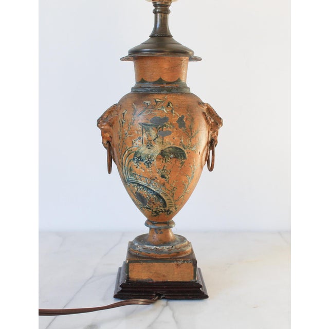 Metal Vintage Asian Style Hand Painted Urn Shape Table Lamp W/ Goat Head Motif For Sale - Image 7 of 18