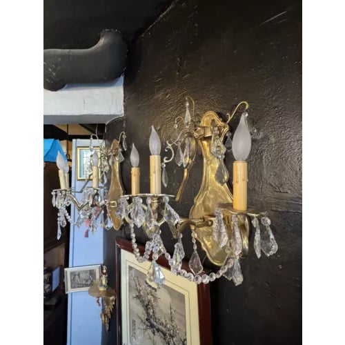 Rococo Pair of 1980s Contemporary Rococo Style Brass and Crystal Bi Level Three Light Sconces For Sale - Image 3 of 12