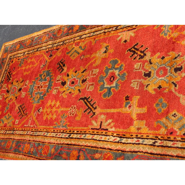 Textile Red and Light Blue Wide Antique Turkish Oushak Gallery Runner For Sale - Image 7 of 18