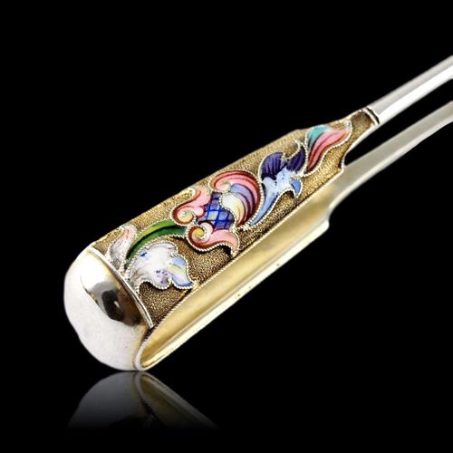 Antique Russian Silver Enamel Cloisonne Sugar Tongs by Maria Semenova, 1900s For Sale - Image 10 of 15