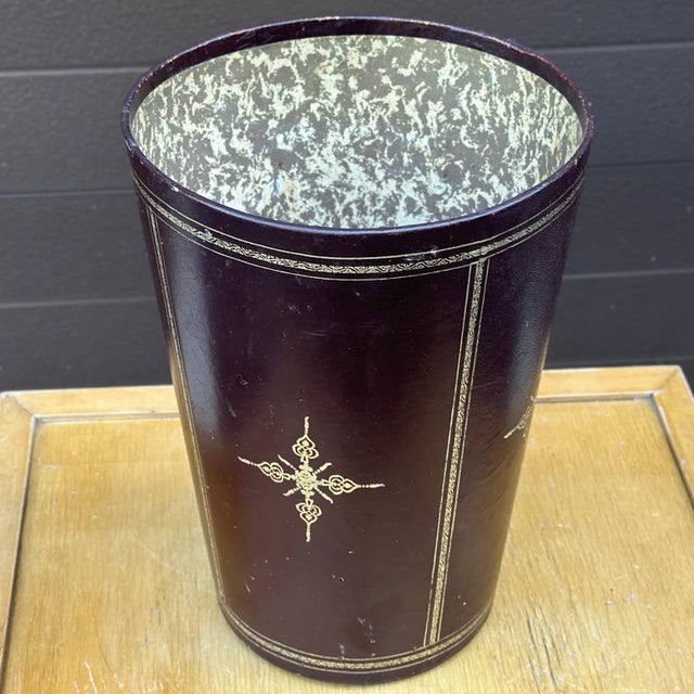 English Mid-Century Tooled Oxblood Leather Wastebasket For Sale - Image 3 of 12
