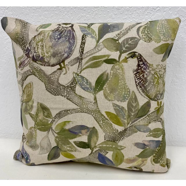 English 16" Square Pillow Decorated With Festive Partridges in Pear Trees - Made in U K For Sale - Image 3 of 10