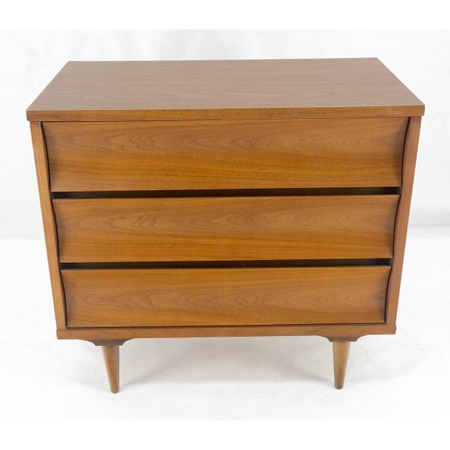 Compact 3 Drawer Walnut Concave Drawer Front Mid Century Bachelor Chest Dresser For Sale - Image 12 of 16
