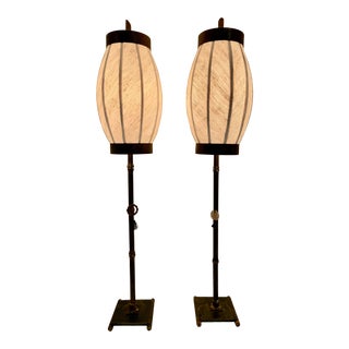 Asian Hollywood Regency Modern Faux Bamboo Lamps of Forged Iron With Convex Shades - a Pair For Sale