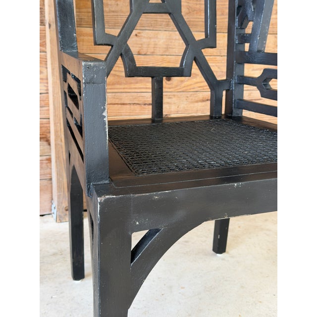 Wood GuildMaster Chinoiserie Black Wood Geometric Fretwork High Back Armchairs – Pair For Sale - Image 7 of 12