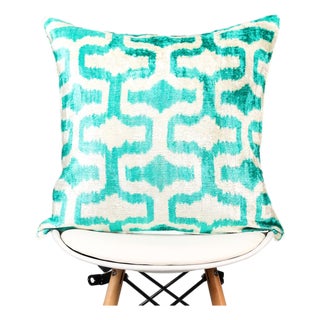 Teal Silk Velvet Geometric Ikat Pillow Cover, Handmade Cushion Cover, Turquoise Boho Home Decor, Throw Pillow Case For Sale