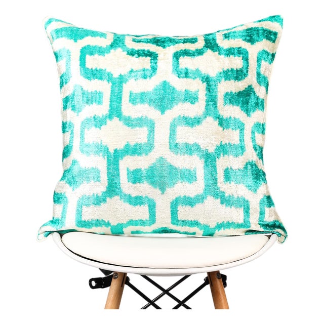 Teal Silk Velvet Geometric Ikat Pillow Cover, Handmade Cushion Cover, Turquoise Boho Home Decor, Throw Pillow Case For Sale